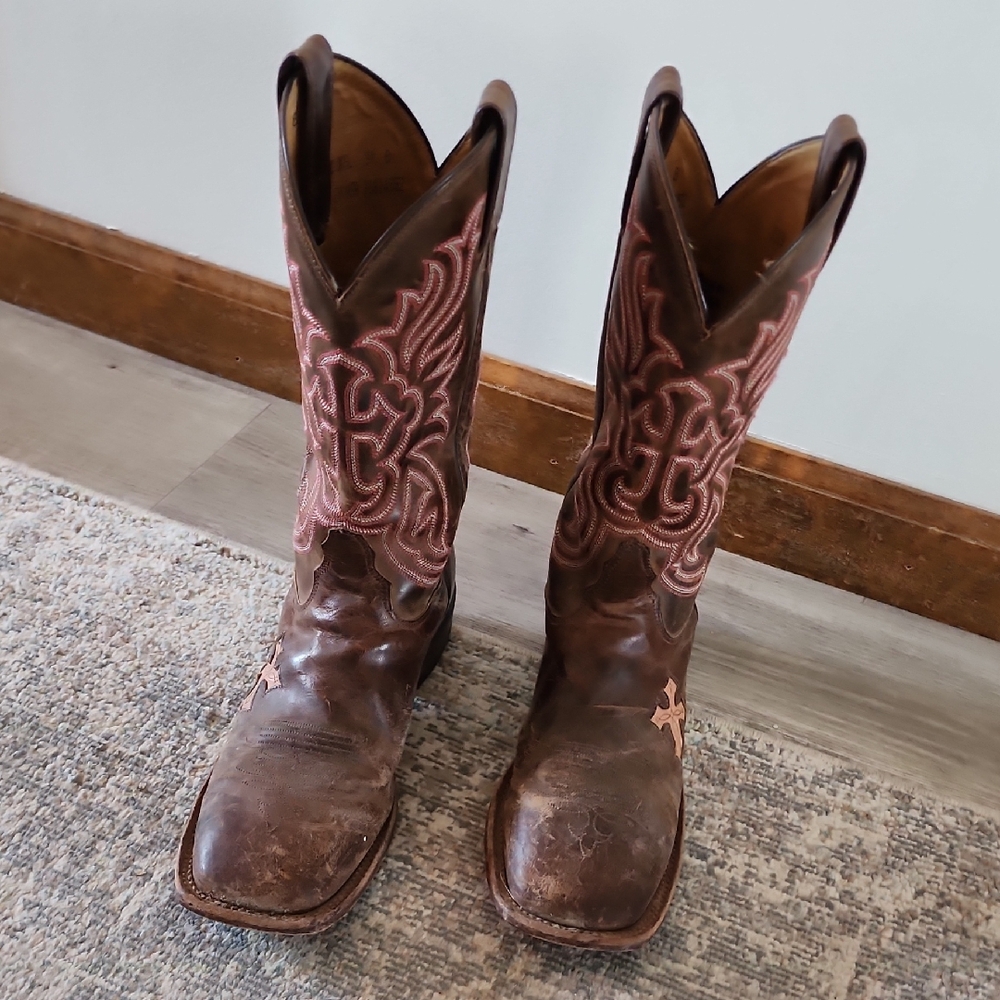 Tony Lama Brown Heeled Boots with Pink Stitching